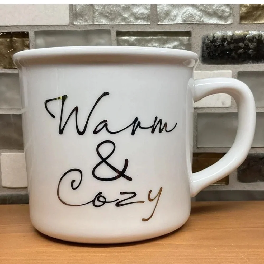 Pottery Barn Warm & Cozy Mug White With Gold Trim Winter Holiday Christmas